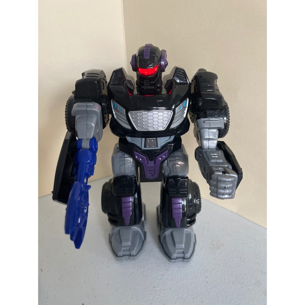 Black and Purple Robot Action Figure Light Up Red Eyes Blue Blaster 8 Inch Toy